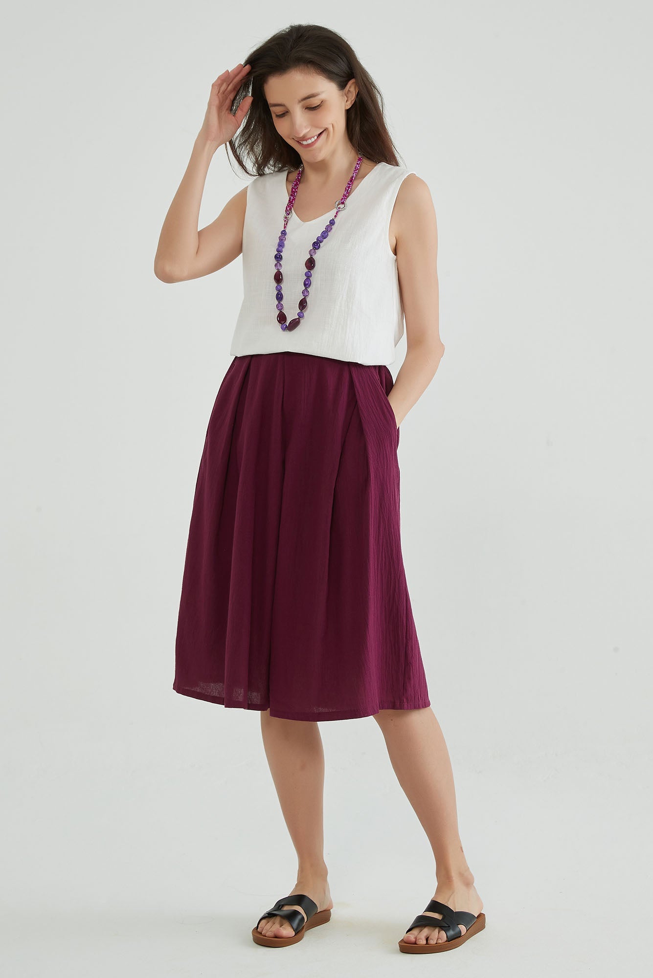 Wine Berry A Line Cotton Linen Skirt - Whisper Mint